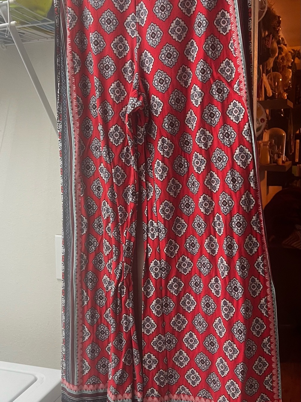 Cato Orange Coral Stretchy  Wide Leg Pants with Black & White Medallion Print